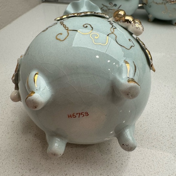 Vintage Vanity Set Vases Light Aqua Gold Tone Grapes Leaves MCM 1940s 1950s - Picture 5 of 16